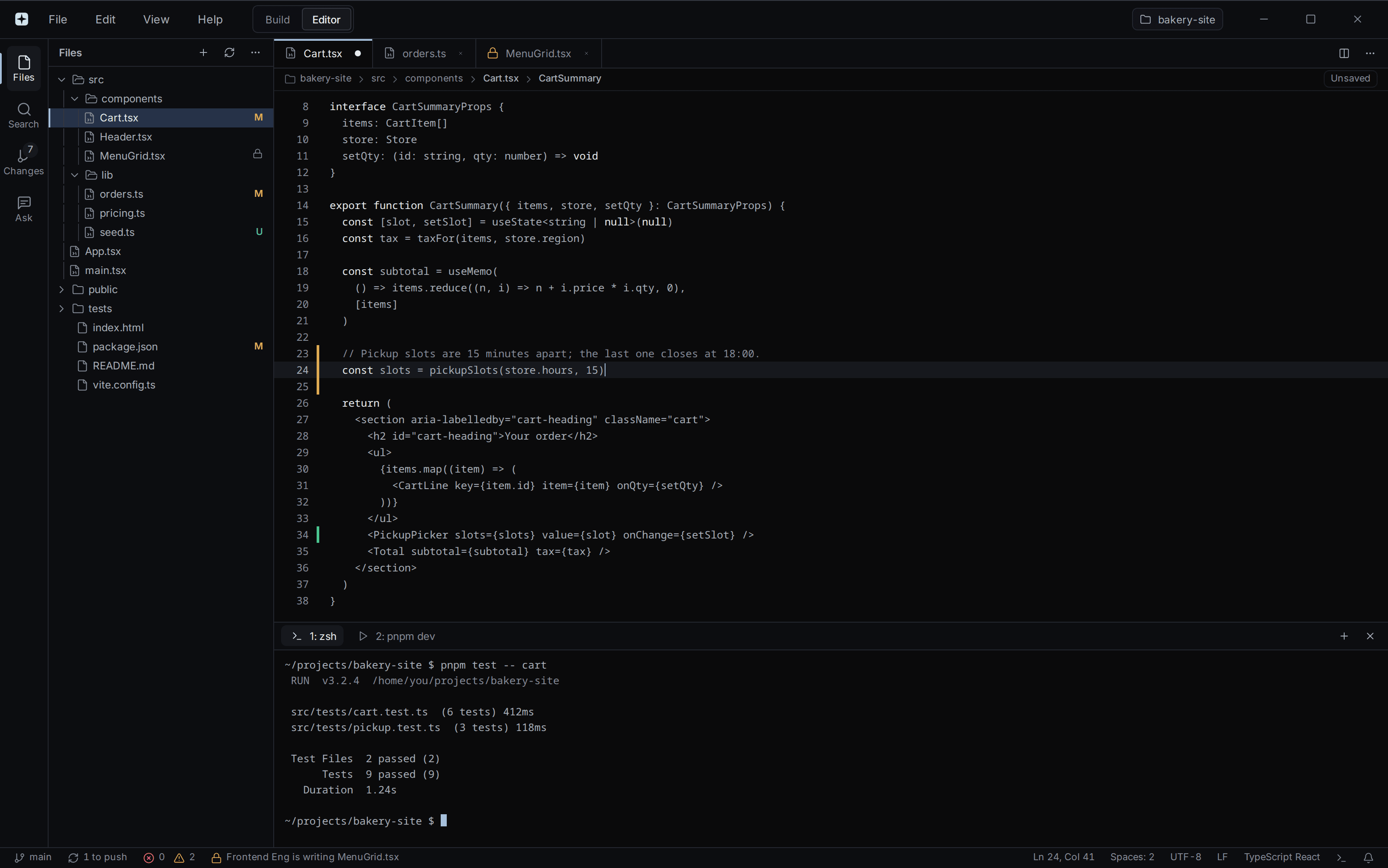 Exova's editor open on a project its agents generated: a file tree of components, library modules, a tests folder, a package manifest and a Vite config; a React cart component in the code pane; and a terminal below reporting nine passing tests across two test files.
