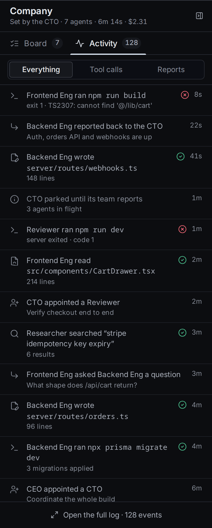 The Exova desktop app part-way through a build, showing the org of agents working on a mission and the record of what each one has done so far.